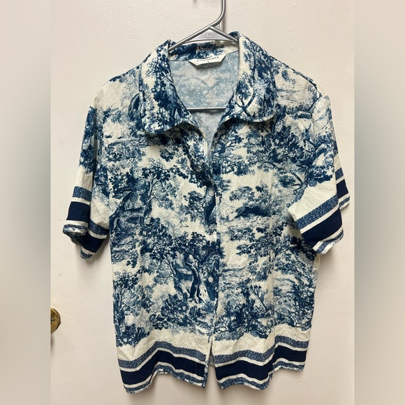 Commense Tops - Commense Blue & Cream Toile Print Button-Up Top | Size S